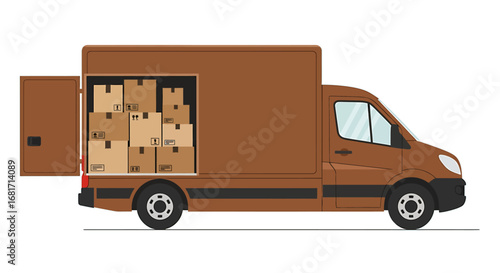 Brown delivery van with open rear doors filled with boxes, isolated on white background