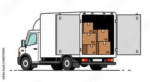 White delivery truck with open rear doors revealing stacked cardboard boxes