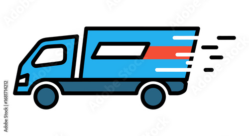 Blue delivery truck with red and white stripes, moving fast, isolated on white background