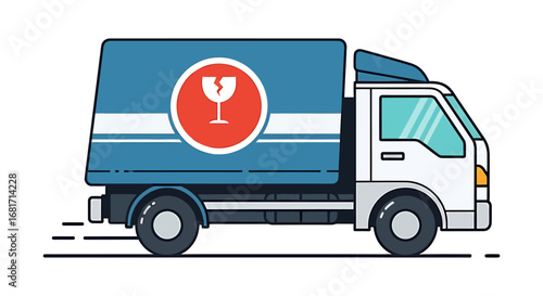 Blue delivery truck with a fragile warning symbol on its side, isolated on white background