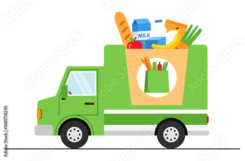 Green delivery truck filled with groceries isolated on white background