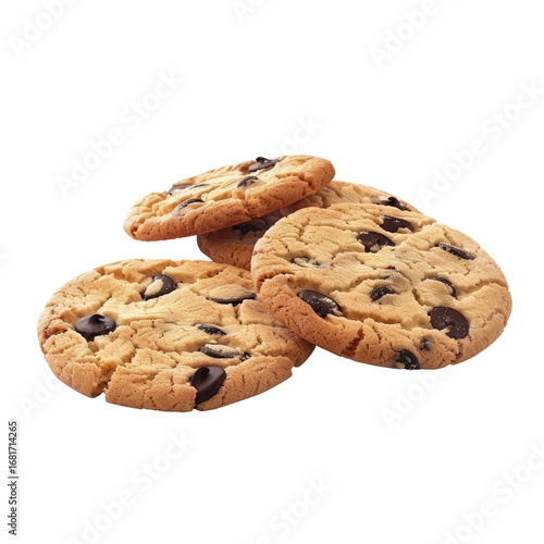 Three chocolate chip cookies, layered, on a dark background
