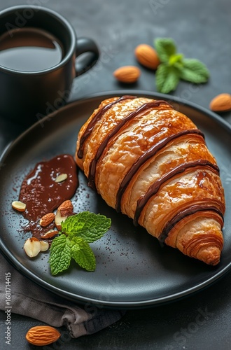 Delightful Croissant With Chocolate Drizzle and Almonds on a Black Plate in a...