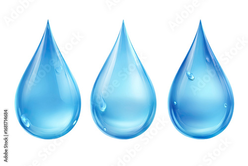 Three glossy, translucent blue water droplets, realistically depicted