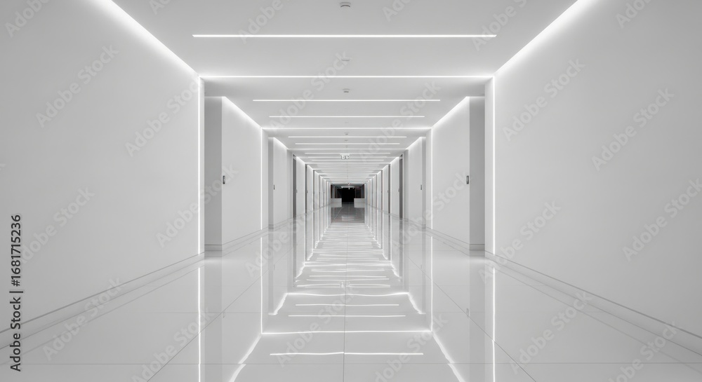 Obraz premium A minimalist office hallway, bathed in bright, even light, creates a sense of spaciousness and order.