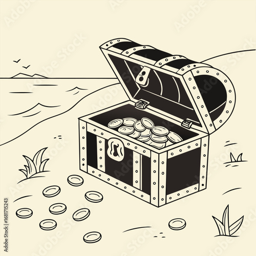 Open Treasure Chest Filled With Coins On A Beach With Ocean Waves gold money