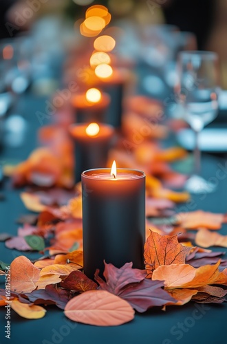 Candlelit Outdoor Dining With Autumn Leaves and Fairy Lights at a Garden Sett...
