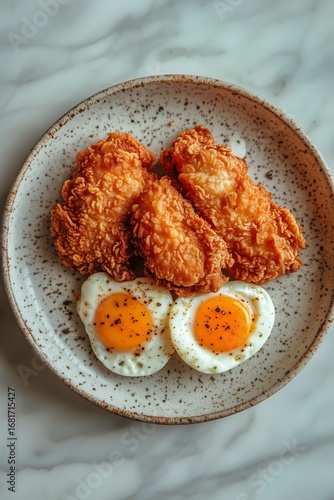 Crispy Fried Chicken Served With Perfectly Cooked Soft-Boiled Eggs and Creamy...