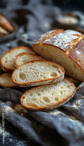 Beautifully Baked Rustic Bread Slices on Dark Surface With Flour Specks