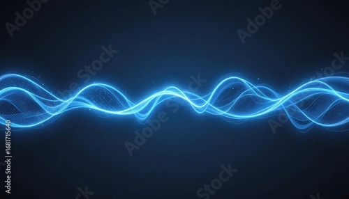 Abstract blue glowing lines create a dynamic, wavy pattern against a dark background, suggesting energy.