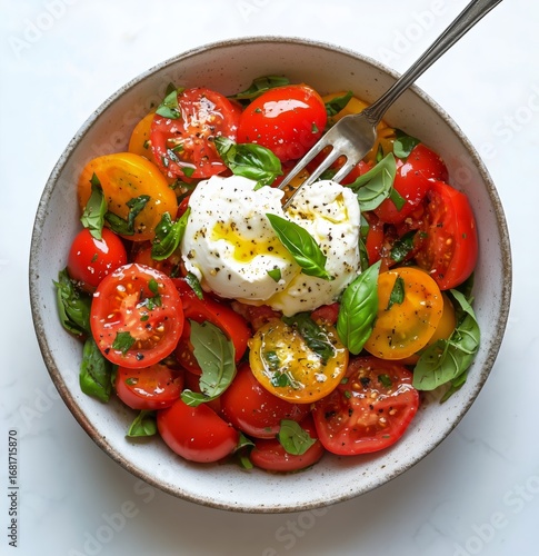 Fresh Salad With Tomatoes, Basil, and Creamy Cheese in a Vibrant Bowl.