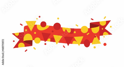 Vibrant red and yellow celebration banner with confetti and geometric shapes, a festive graphic for national holidays and events.