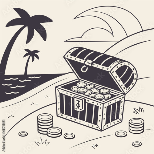 Open Treasure Chest Filled With Coins On A Tropical Beach With Palm Tree gold money