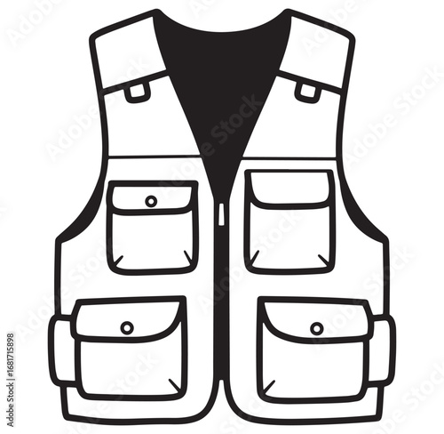 Vector illustration of a fishing vest in black and white with multiple pockets and details