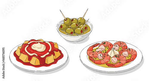 Vibrant Spanish Tapas Assortment: Patatas Bravas, Marinated Olives, and Garlic Shrimp. Festive traditional cuisine illustration.