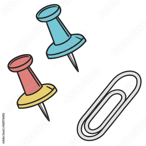 Two push pins—one red and yellow, one blue—are shown at an angle with sharp metal points, alongside a flat silver paperclip.