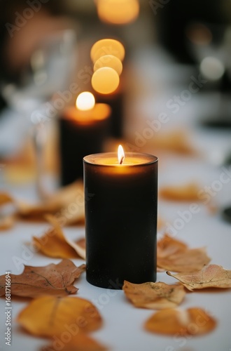 Elegant Candlelight Dinner Decor With Autumn Leaves on a Table During Evening...