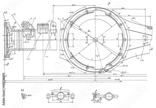 Crankcase of rear axle housing of truck.
Engineering automotive assembly mechanical drawing of steel 
device on paper sheet. Industrial cad scheme. 
Technology design of machine building industry.
