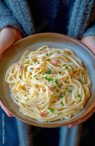 Delicious Spaghetti Served in a Rustic Bowl With Fresh Herbs and Grated Chees...