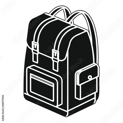Black backpack icon with straps and pocket in simple design 
