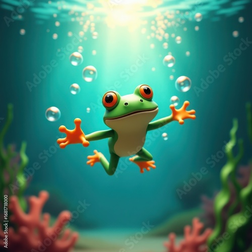 Joyful cartoon frog swimming upwards towards sunlight in a vibrant underwater coral reef scene
