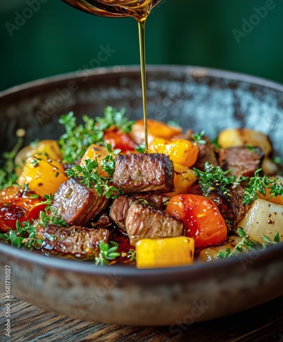 Juicy Grilled Steak With Colorful Peppers and Fresh Herbs Drizzled With Olive...