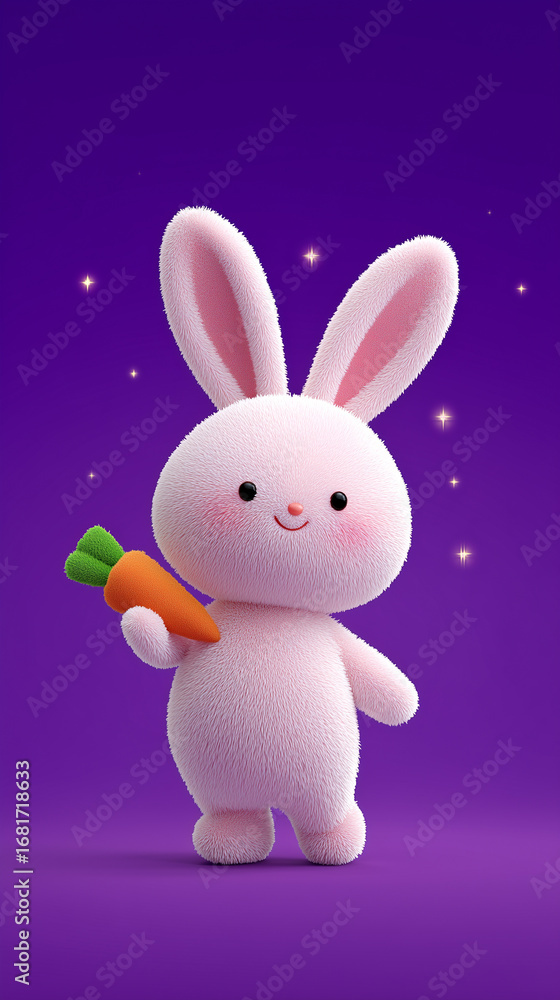 Obraz premium A cheerful cartoon bunny with a carrot on a vibrant purple background, perfect for children's designs.