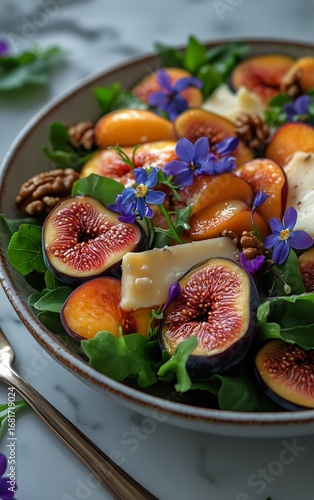 Fresh Salad With Figs, Apricots, Cheese, and Edible Flowers on a Marble Surface