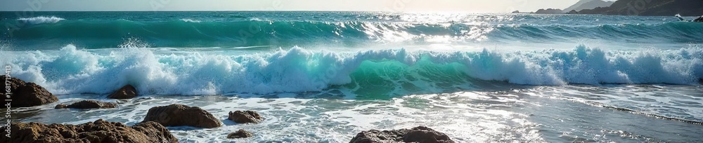 Fototapeta premium Ocean waves crashing on a rocky shore, sea foam, sunlight reflecting on the water surface, dramatic coastal scene, natural power of the ocean , sunlight, power of nature