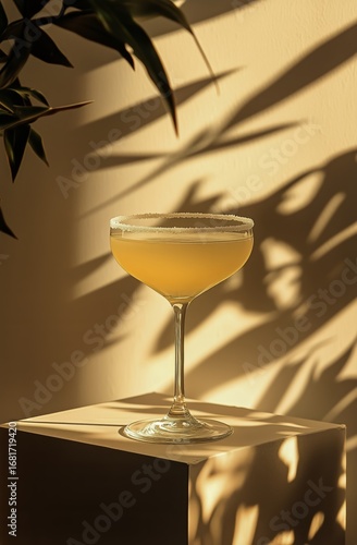 Elegant Cocktail With Garnish Resting on a Pedestal Surrounded by Soft Shadows.