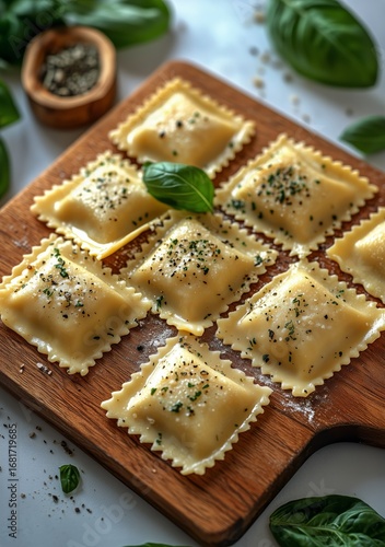 Freshly Made Ravioli Arranged on a Wooden Board With Herbs and Spices