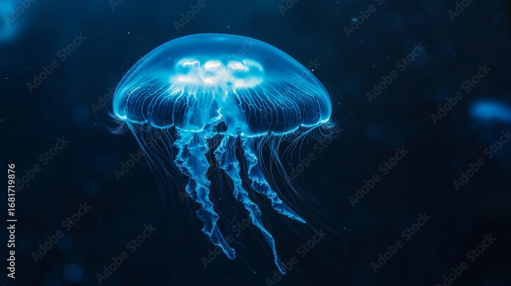Obraz premium Serene jellyfish floating gracefully in deep ocean waters close-up photography tranquil underwater environment captivating artistry