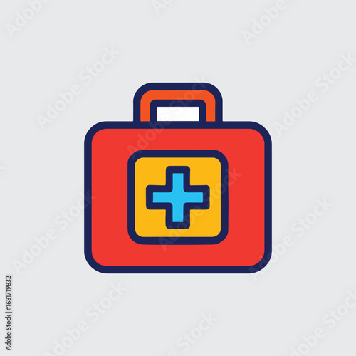 Bright red first aid kit icon with blue cross symbol