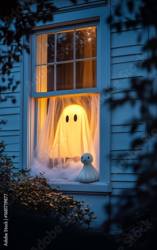 Ghost Decoration in Window During Halloween Night With Glowing Light and Spoo...