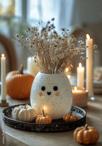 Beautiful Autumn Table Decoration Featuring a Smiling Vase and Warm Candlelight.