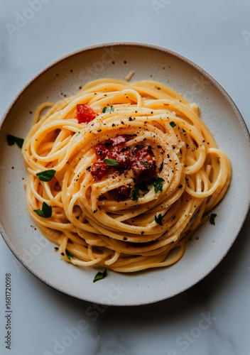 Creamy Pasta With Tomatoes and Herbs Served in a Rustic Bowl on a Marble Table