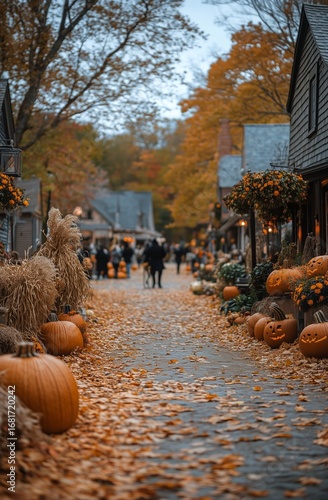 Pumpkin Adorned Street in Autumn With Colorful Leaves and Festive Decorations...