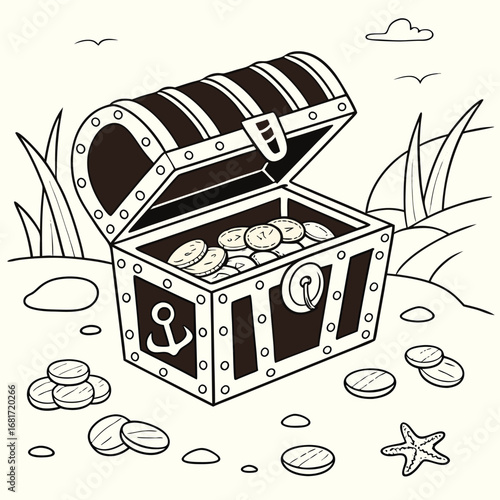 Outline Treasure Chest With Coins Starfish And Beach Grass On White Background gold coins open chest