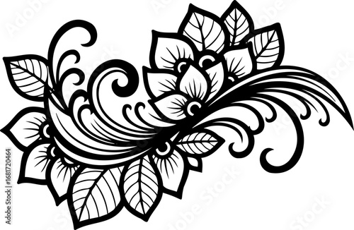 Floral Flourish: An intricate black and white floral design unfurls, showcasing elegant leaves, petals, and swirling patterns, all meticulously crafted for visual harmony. 