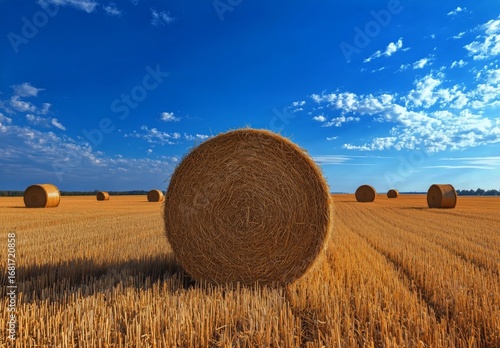 Rolling Hay Bales in a Golden Field Under a Vast Blue Sky With Fluffy Clouds.