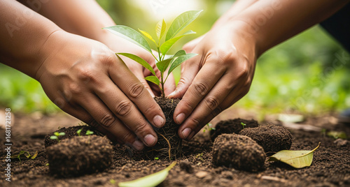 Planting a sapling together Hands nurturing new life