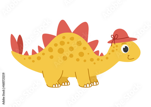 Childrens cartoon dinosaur stegosaurus. Cute yellow dinosaur with red spikes and a hat. Cute little prehistoric animal. Vector illustration.