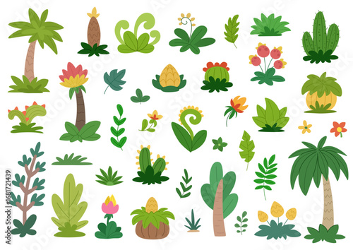 Childrens cartoon prehistoric plants set. Tropical exotic plants of the Jurassic, Cretaceous periods of dinosaurs time. Thick trees, palms, fancy bushes and flowers collection.