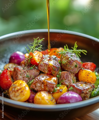 Freshly Prepared Steak and Vegetables Drizzled With Oil in a Vibrant Bowl