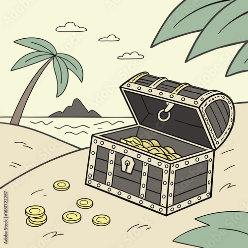 Pirate Treasure Chest Full Of Gold Coins On A Sandy Island Beach open money