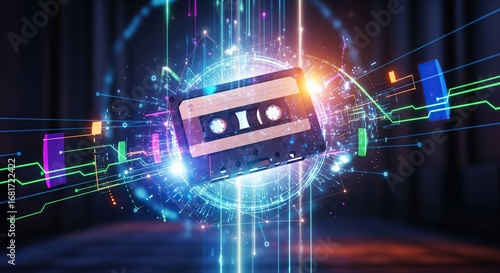 Retro Cassette Tape Digital Transformation Concept, Music Technology, Data Transfer, Futuristic