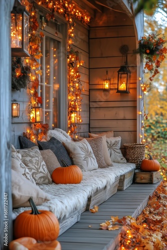 Cozy Autumn Porch Decorated With Pumpkins and String Lights, Creating a Warm ...