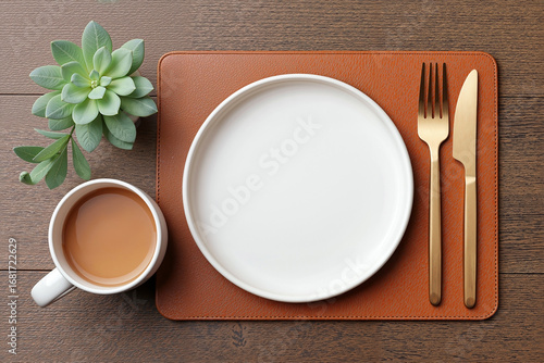 a minimalist table setting with a brown matte leather placemat, a white plate on golden foil paper, and a coffee cup on a dark wood surface, featuring warm tones and natural light.