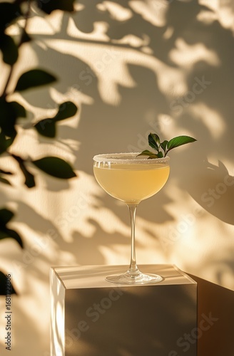 Delightful Cocktail With Golden Hue Showcasing Shadows From Plants Indoors.