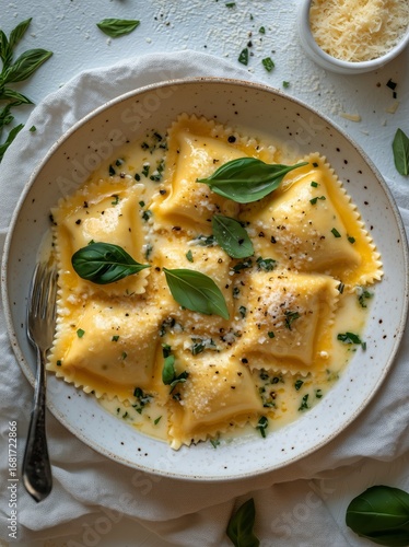 Homemade Ravioli Served in a Creamy Sauce With Basil and Grated Cheese